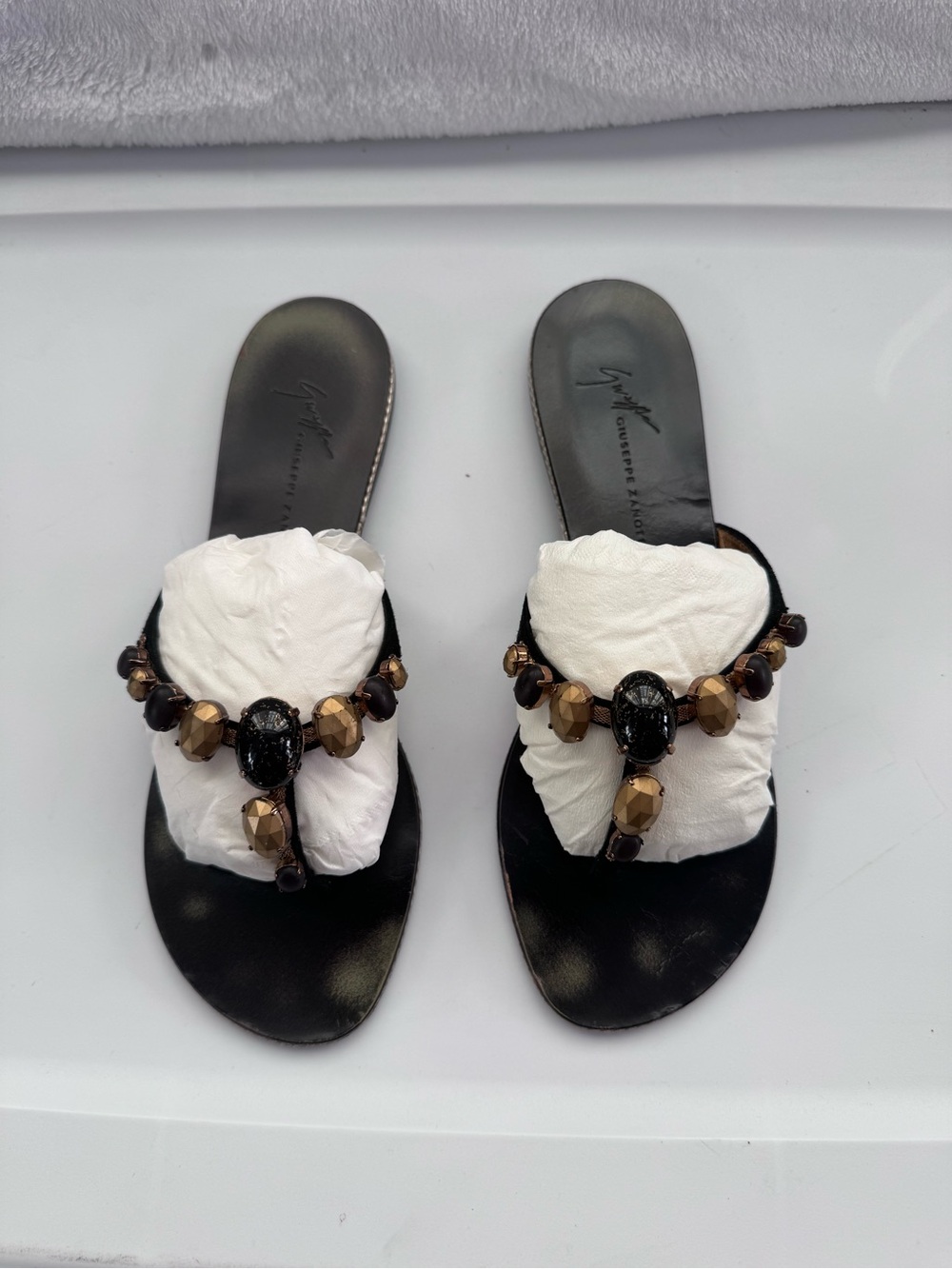 Giuseppe Zanotti Black Sandal with Bronze Bead Embellishments